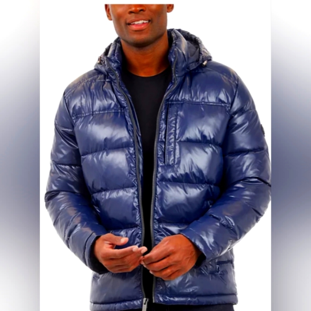 Navy Blue Quilted Puffer Jacket with Hood
